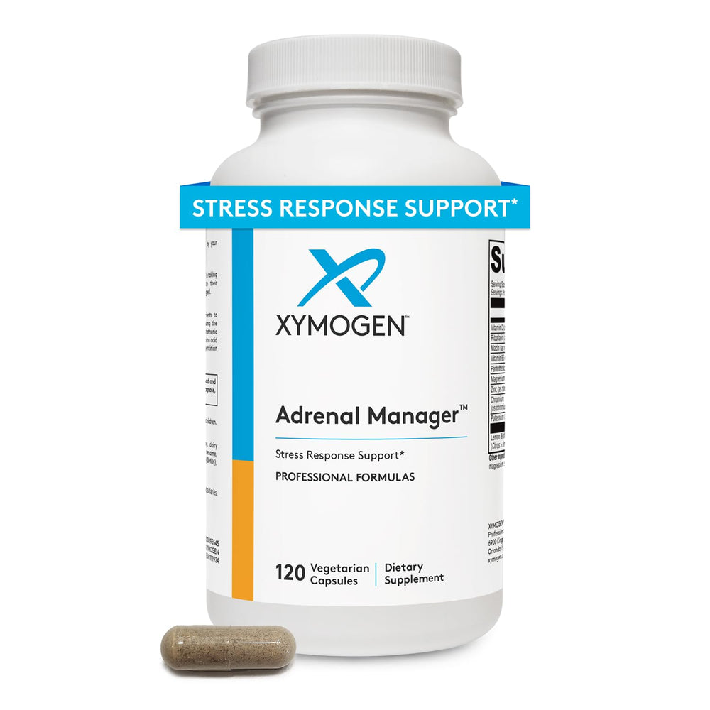 XYMOGEN Adrenal Manager bottle on desk signaling daily stress support