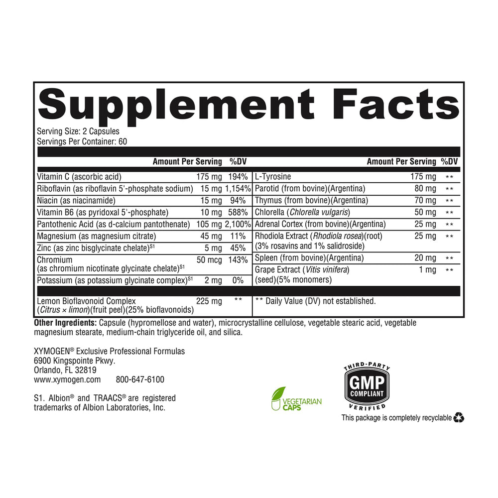 Nutrition facts and ingredients list from XYMOGEN Adrenal Manager for transparency