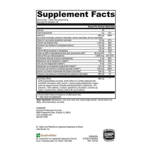 Nutritional panel of XYMOGEN ATP Ignite showing ingredients and serving size