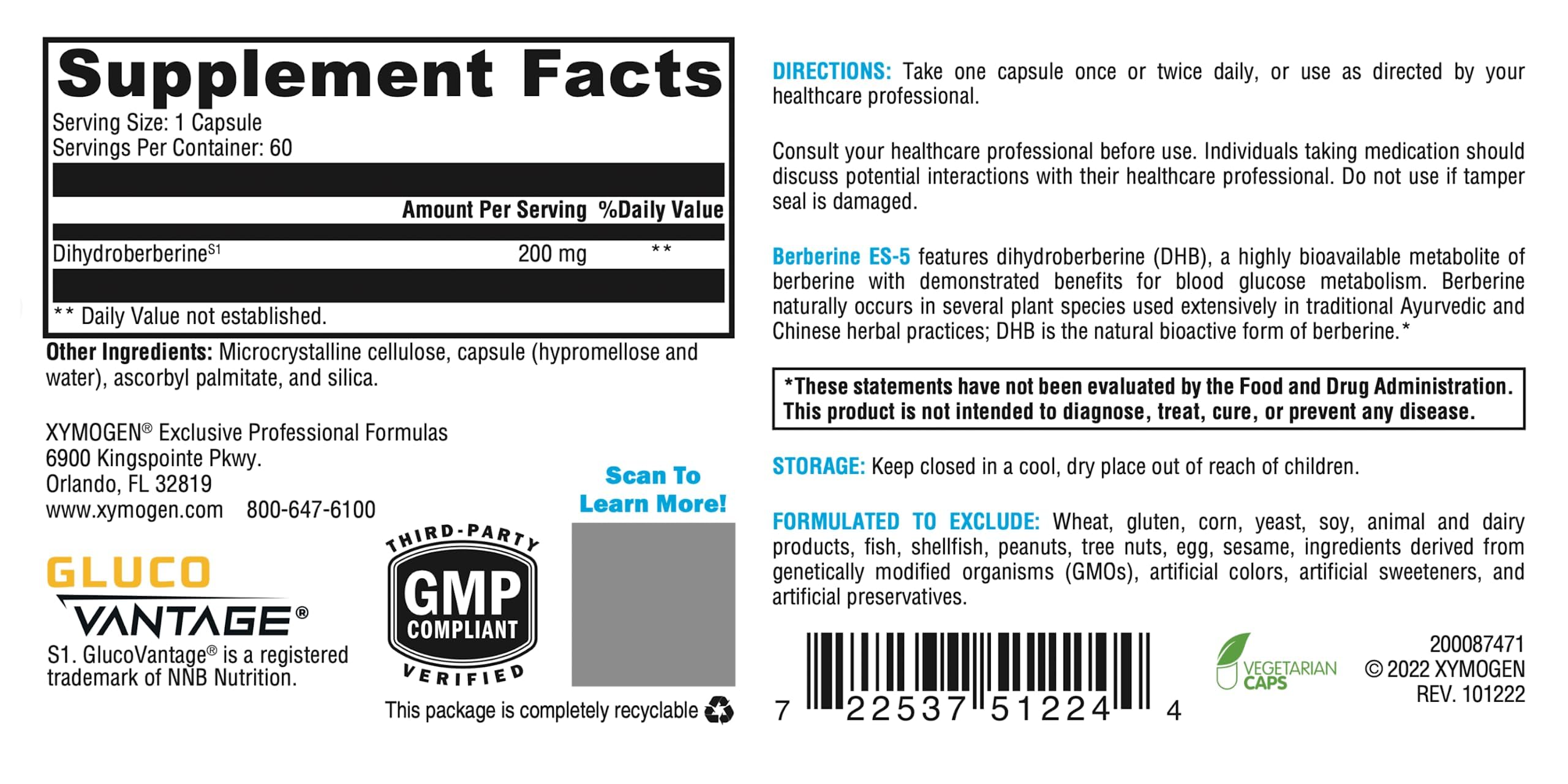 XYMOGEN Berberine ES-5 capsules close-up highlighting DHB bioavailability