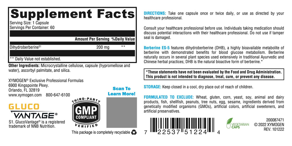 XYMOGEN Berberine ES-5 capsules close-up highlighting DHB bioavailability