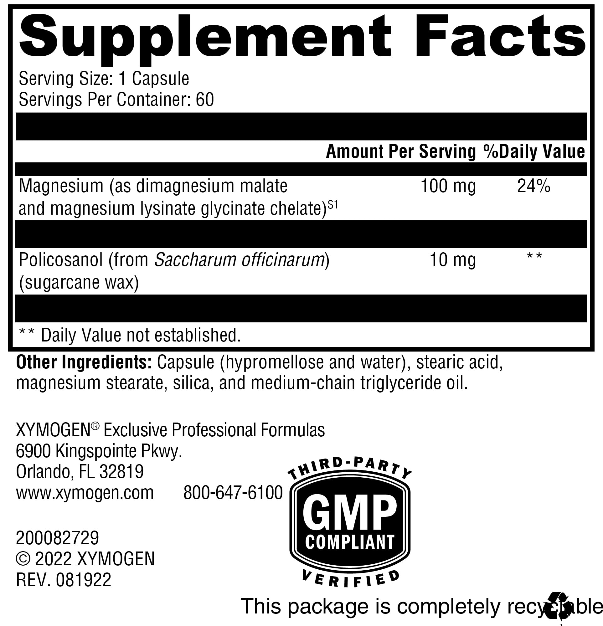 Nutrition facts for XYMOGEN CholeRex Policosanol 60 capsules