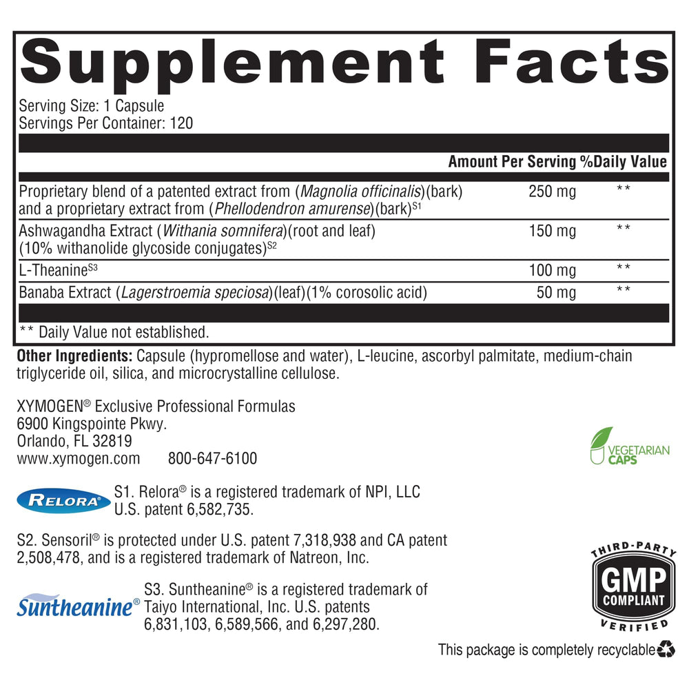 XYMOGEN Cortisolv label close-up highlighting key ingredients.