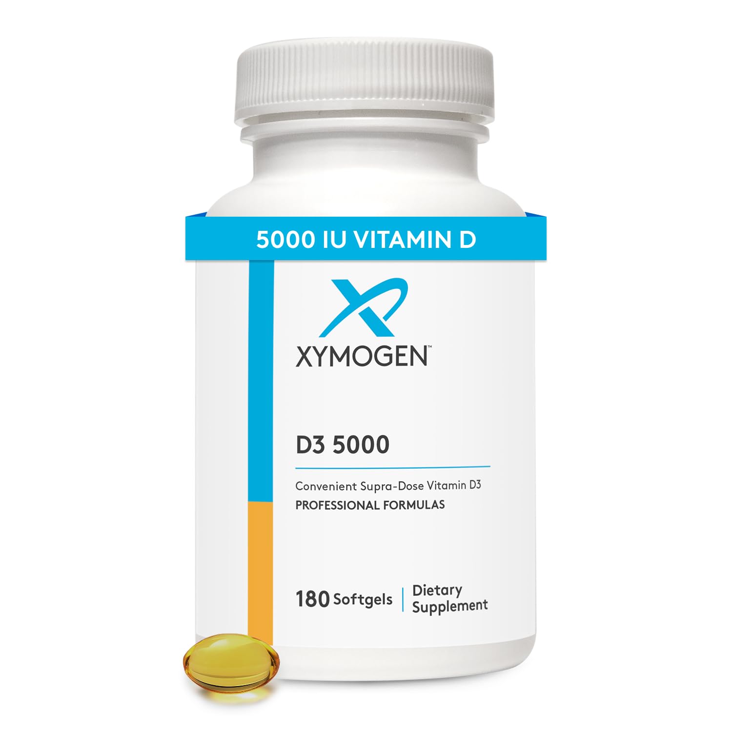 XYMOGEN D3 5000 softgel bottle on a shelf showing convenient daily vitamin D dosing