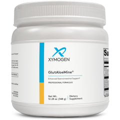 XYMOGEN GlutAloeMine powder scoop ready for GI support in a glass of water