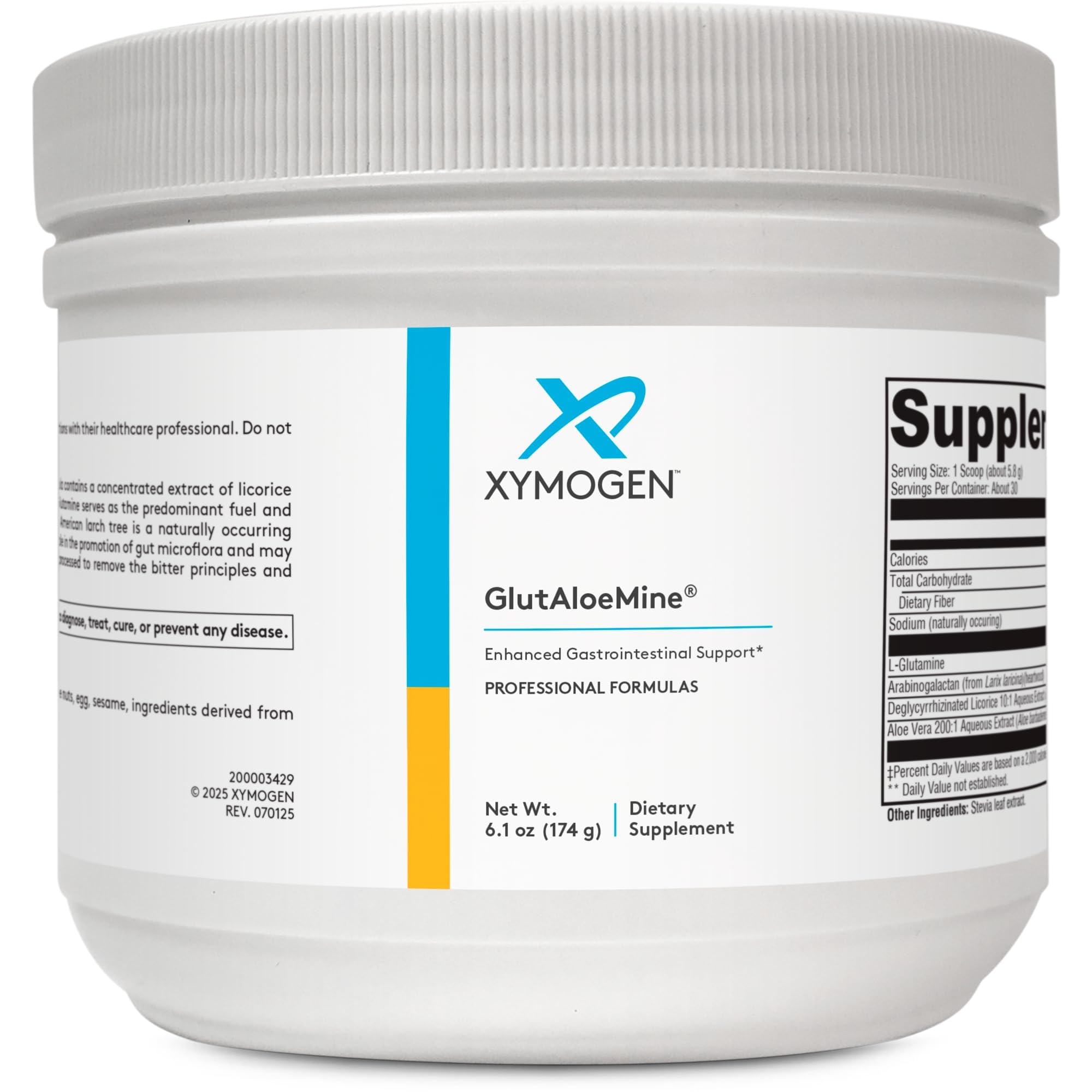 XYMOGEN GlutAloeMine powder in tub with scoop for GI support.