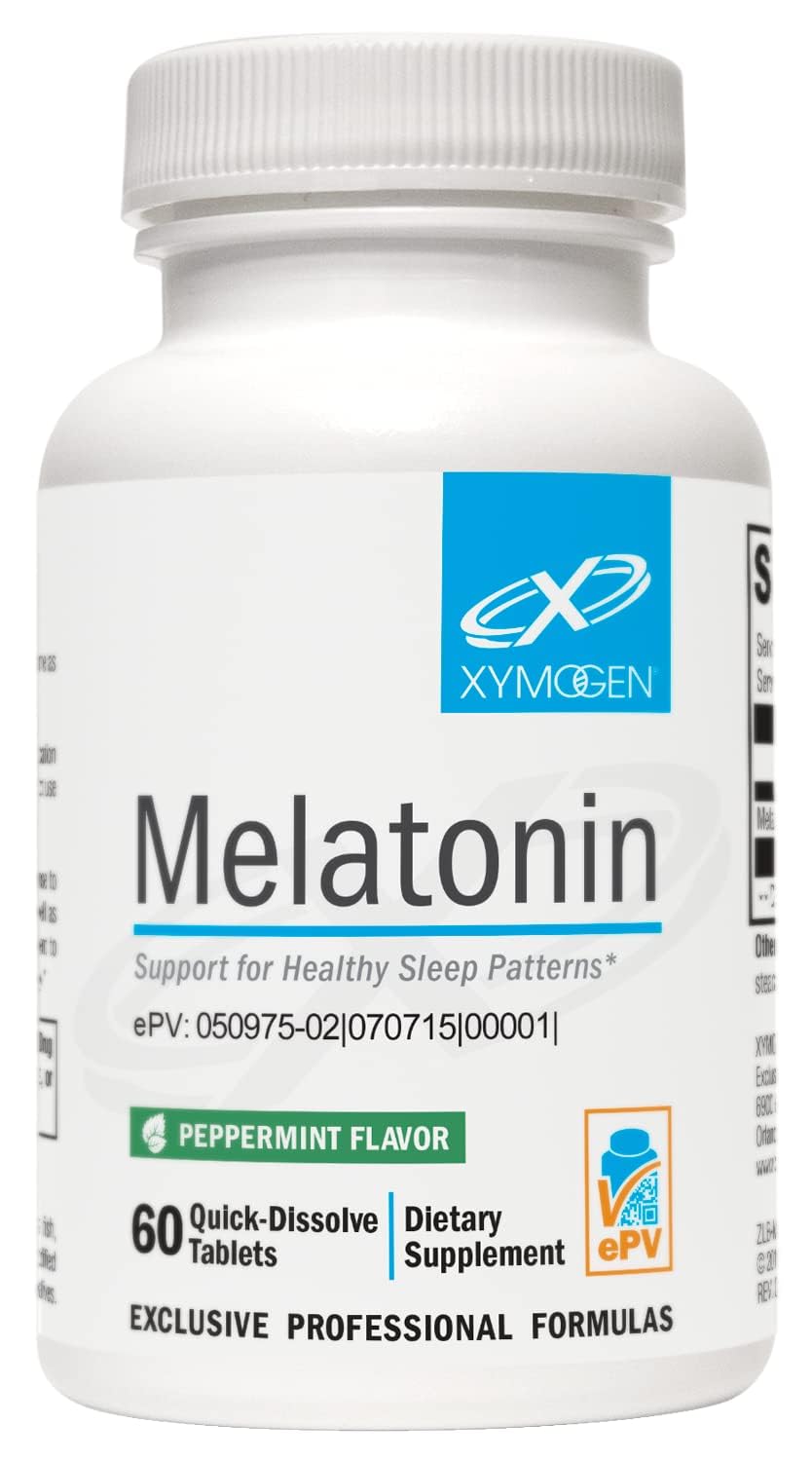 XYMOGEN Melatonin Peppermint Lozenges 3mg box and tablets