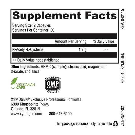 XYMOGEN NAC 600 mg packaging box and bottle