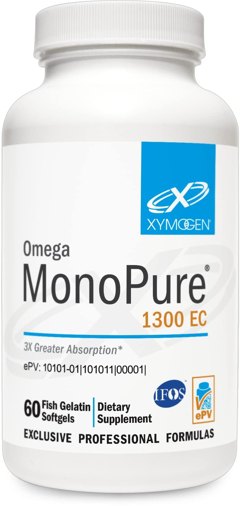 Xymogen Omega MonoPure 1300-EC bottle front promotes heart health.