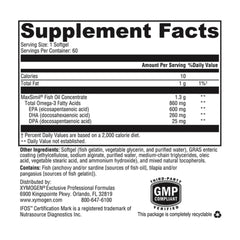 Xymogen Omega MonoPure 1300-EC capsules closeup for brain and heart benefits.