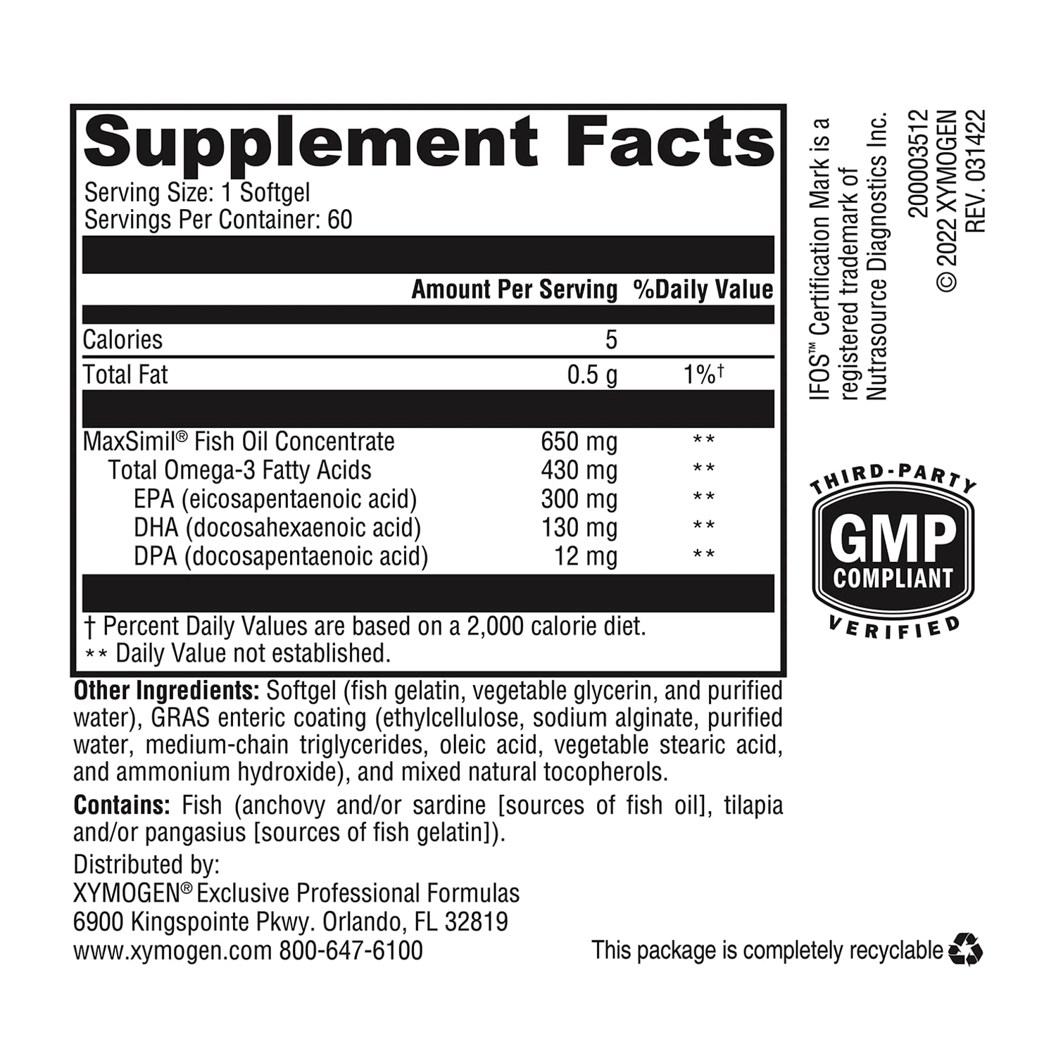 XYMOGEN Omega MonoPure 650-EC heart and brain icons on packaging.