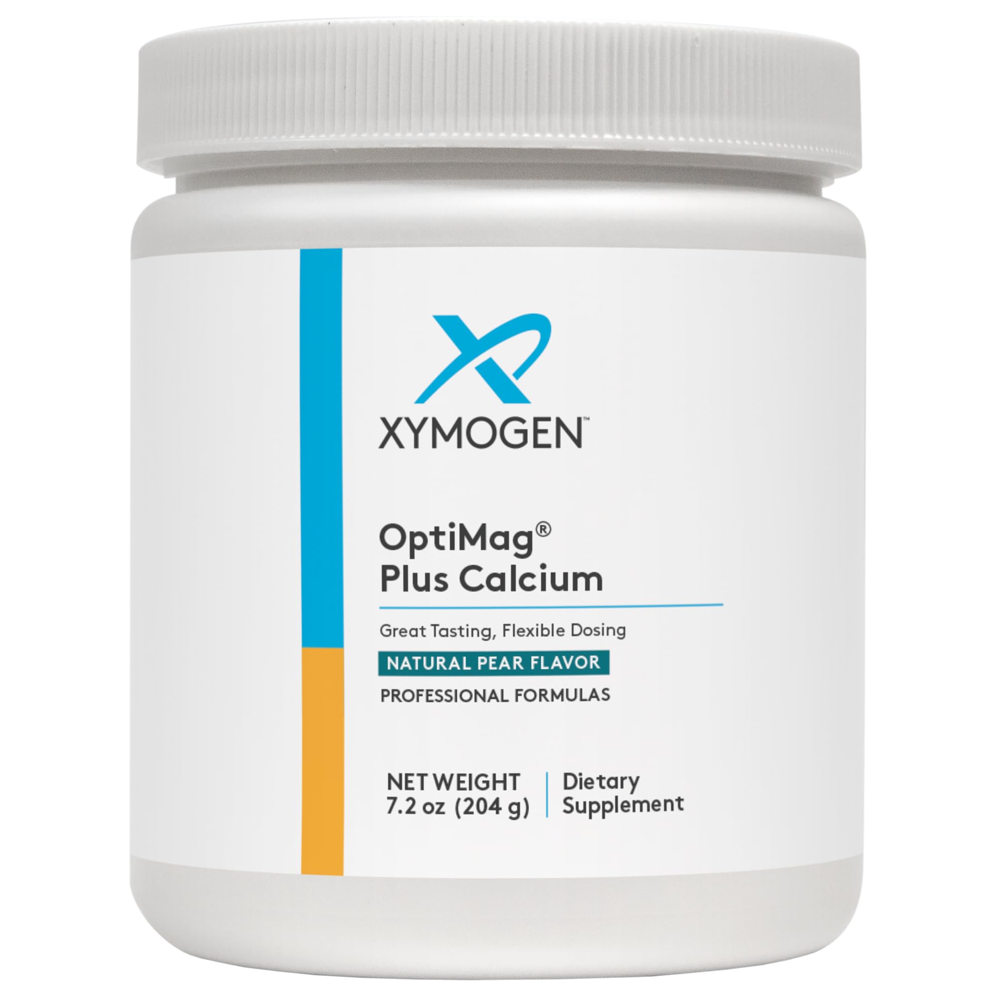 XYMOGEN OptiMag Plus Calcium pear flavor magnesium powder bottle, 7.2 oz