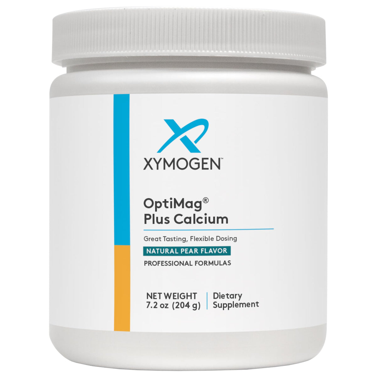 XYMOGEN OptiMag Plus Calcium pear flavor magnesium powder bottle, 7.2 oz