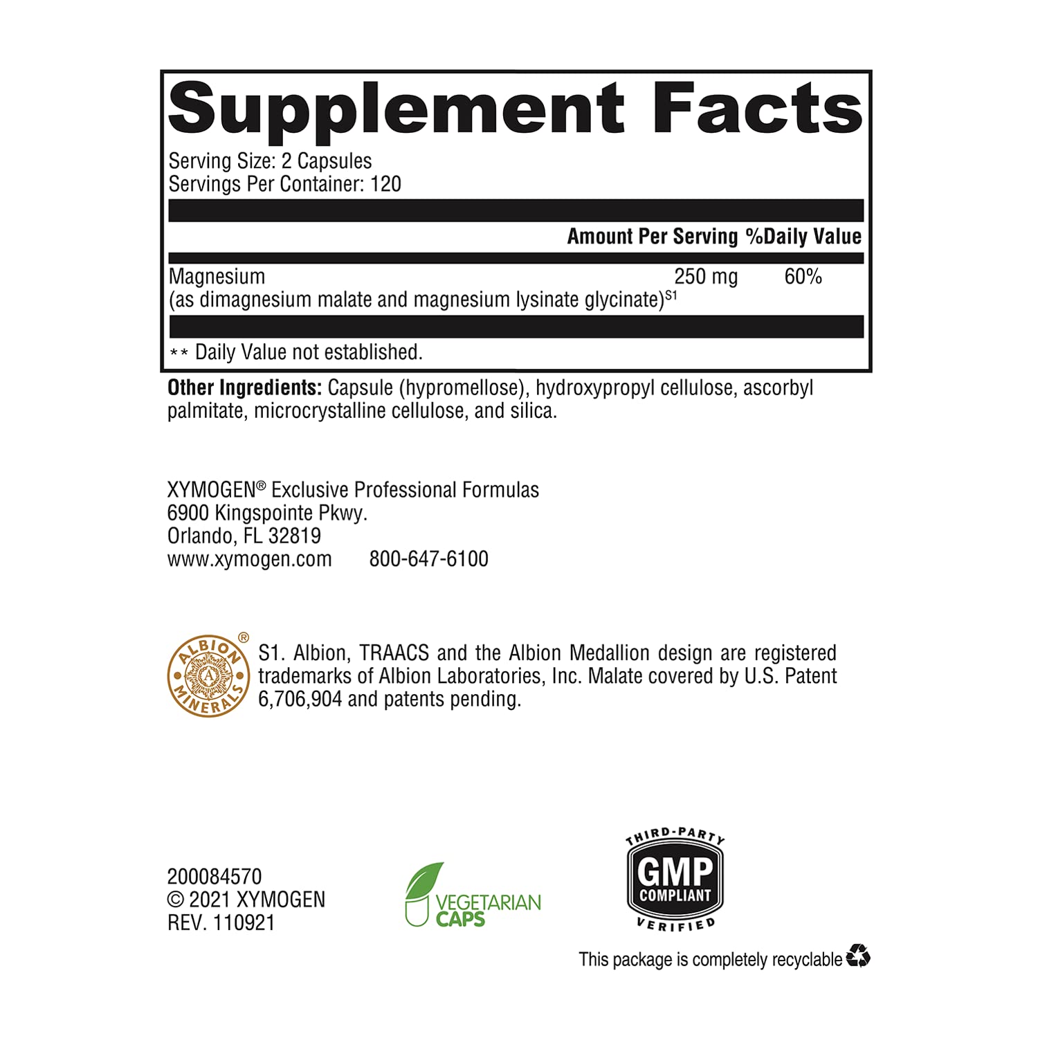 Xymogen OptiMag 125 capsules close-up shows chelated magnesium for absorption and nerve support.
