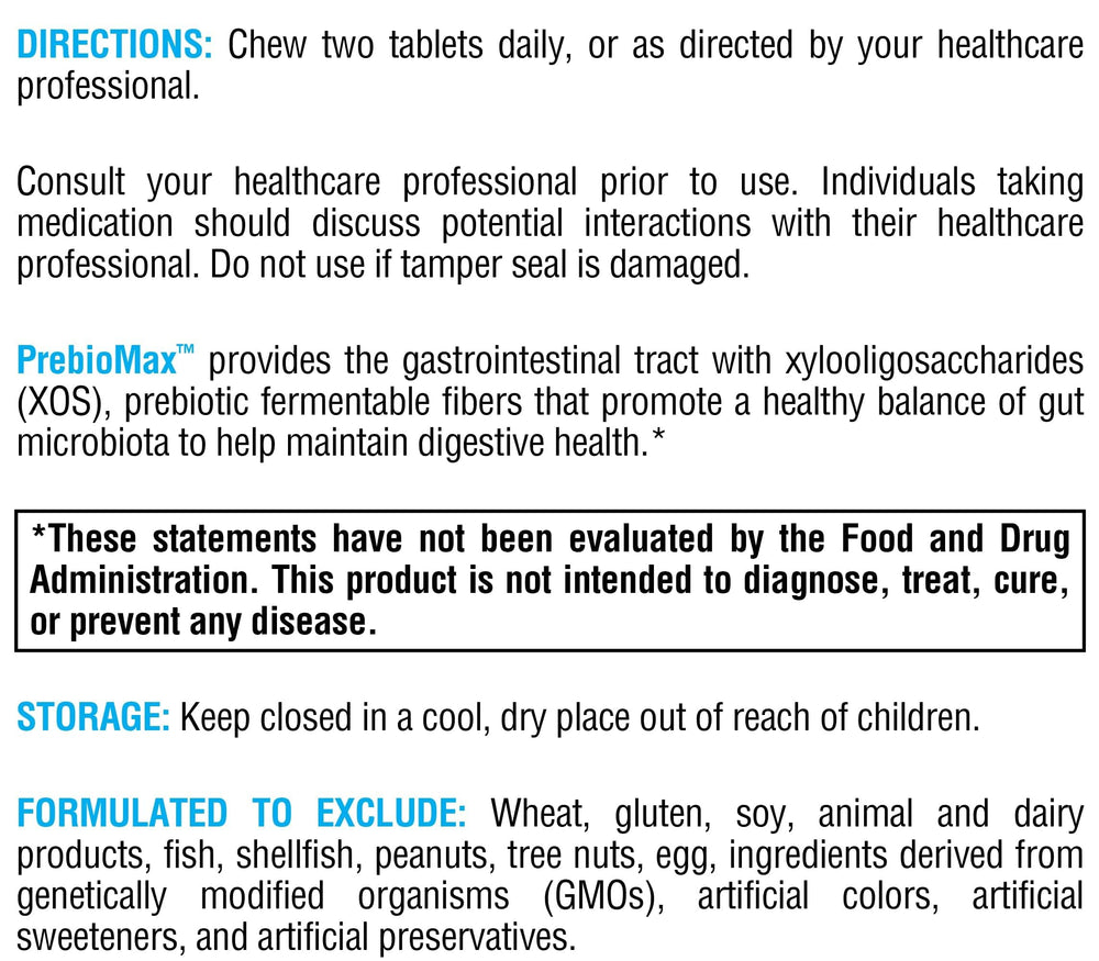 XYMOGEN PrebioMax label detail with ingredients and purity notes
