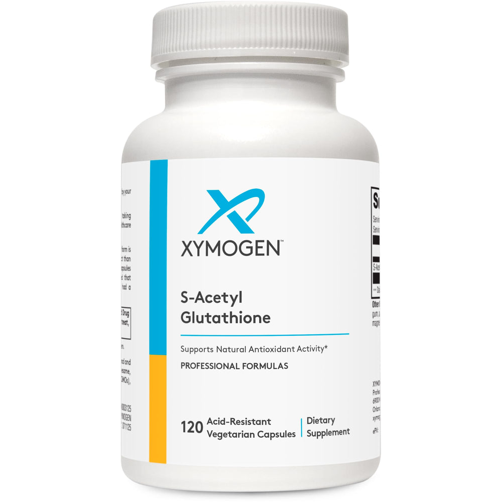 XYMOGEN S Acetyl Glutathione bottle with label highlighting antioxidant support.