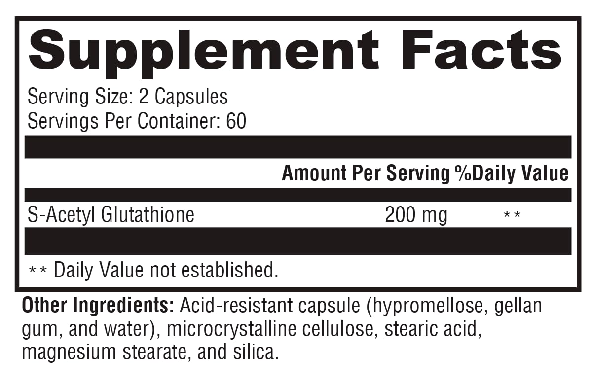 XYMOGEN S Acetyl Glutathione packaging outline shows care and purity.