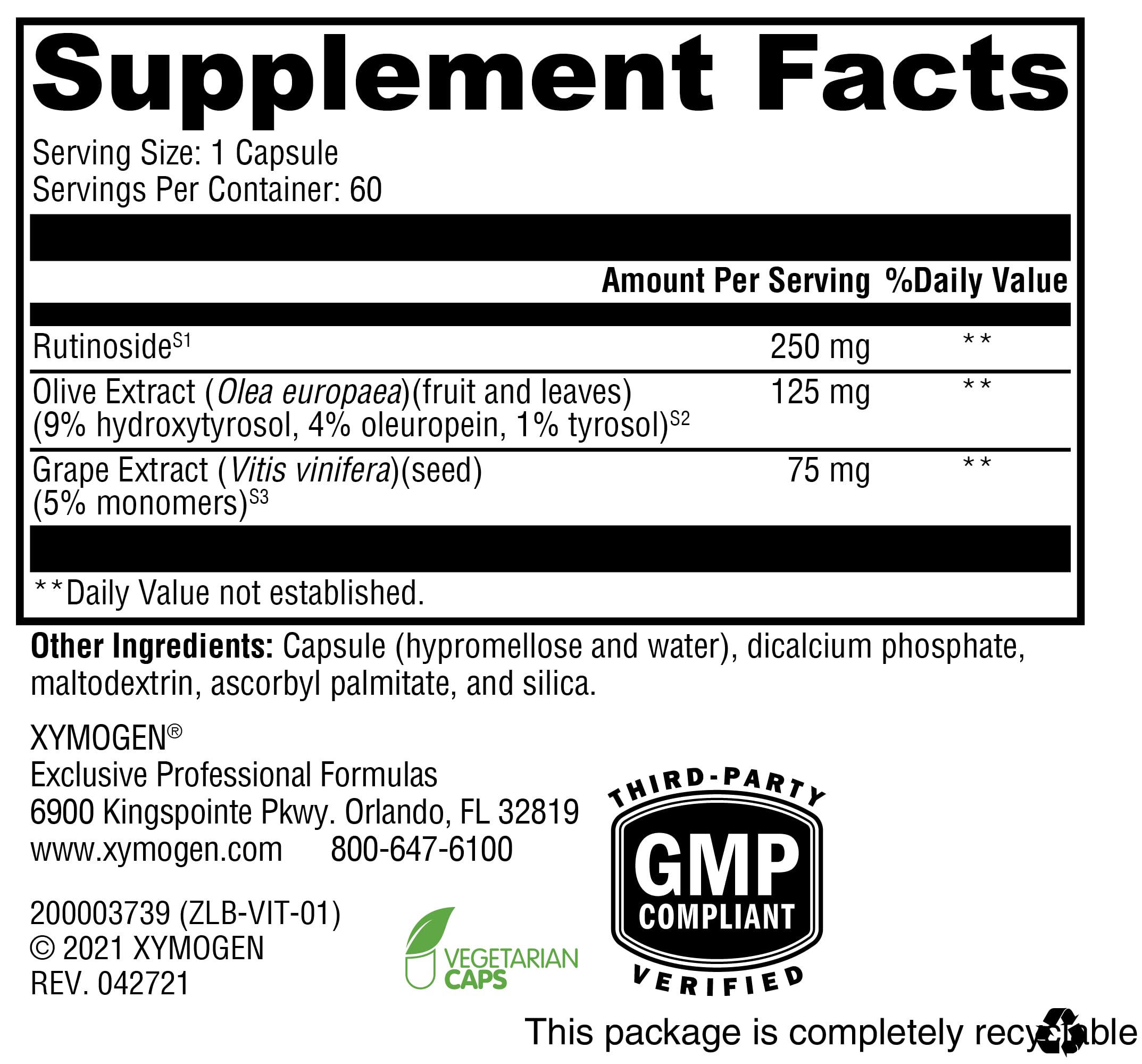 Nutrition facts label on VitalVasc packaging