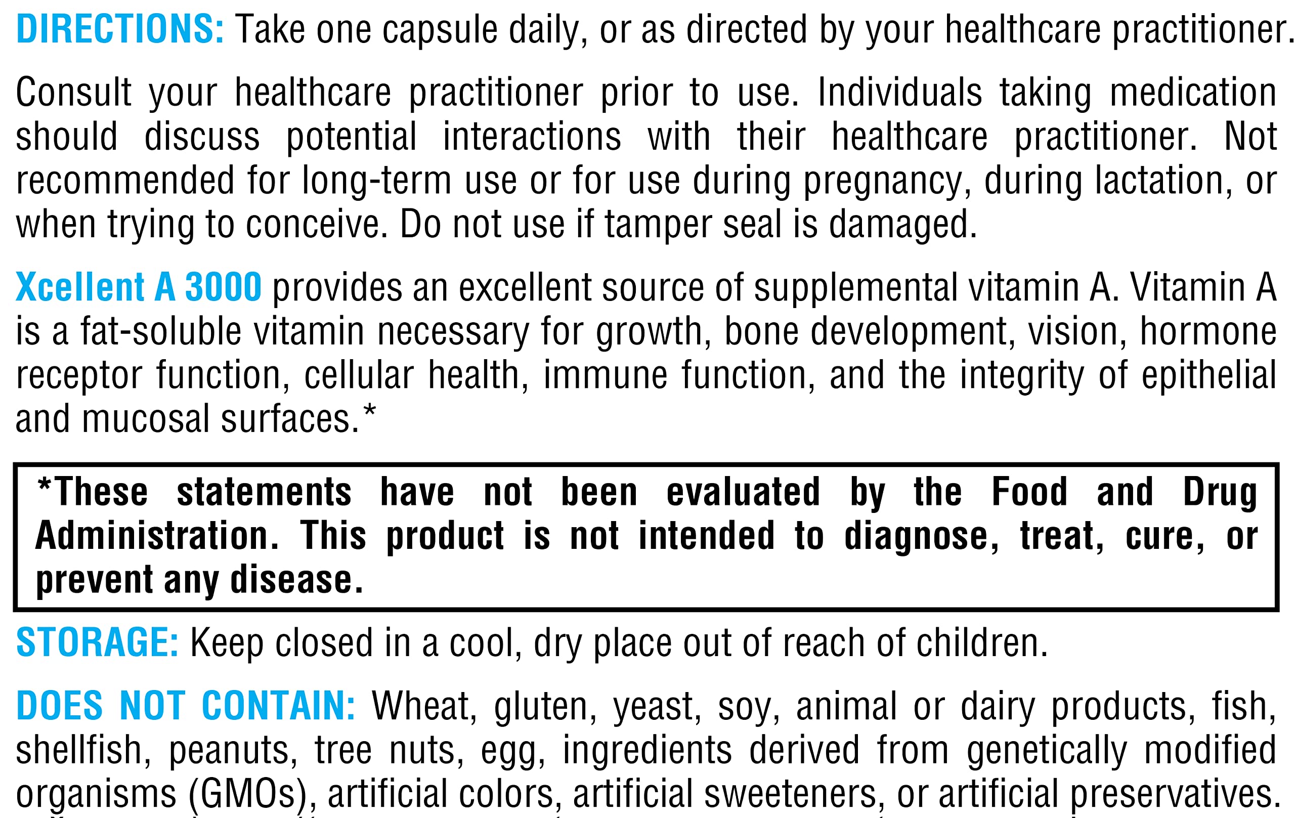 Nutrition facts panel for XYMOGEN Xcellent A 3000