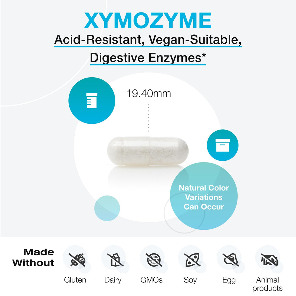 XYMOGEN XymoZyme label detail showing acid resistance information