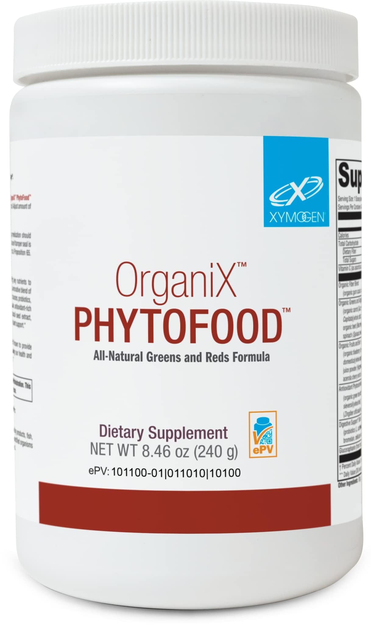 XYMOGEN OrganiX Phytofood Reds and Greens powder container with scoop