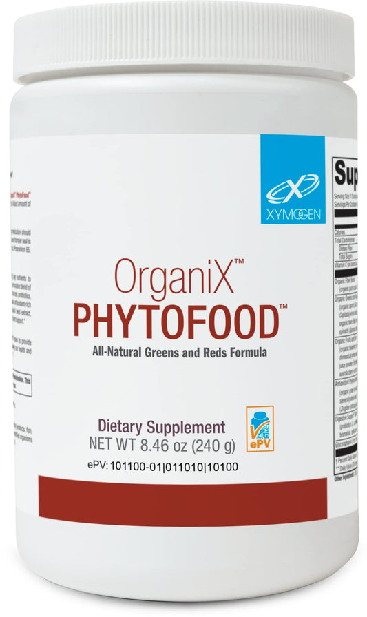 XYMOGEN OrganiX Phytofood Reds and Greens powder container with scoop