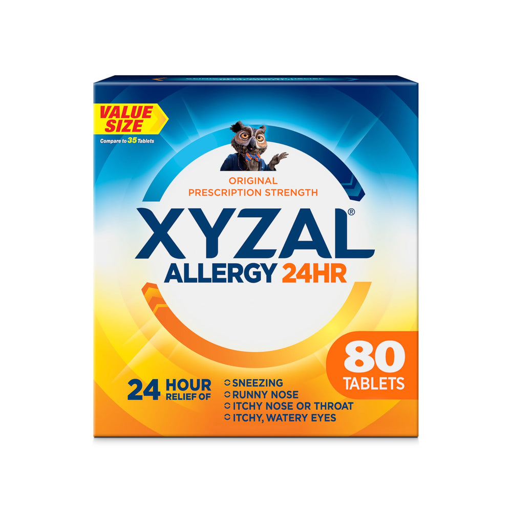 Xyzal 24 Hour Relief bottle with levocetirizine for all-day allergy support.
