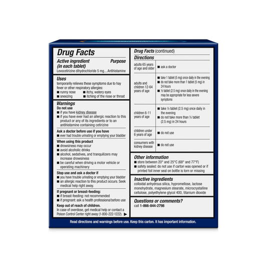 Xyzal levocetirizine tablets close-up with dosage information