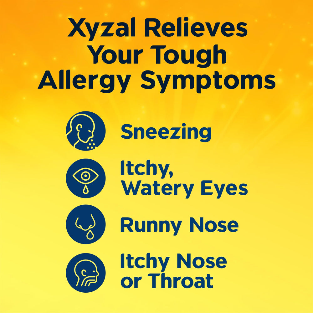 Xyzal nighttime relief scene implying overnight symptom relief potential