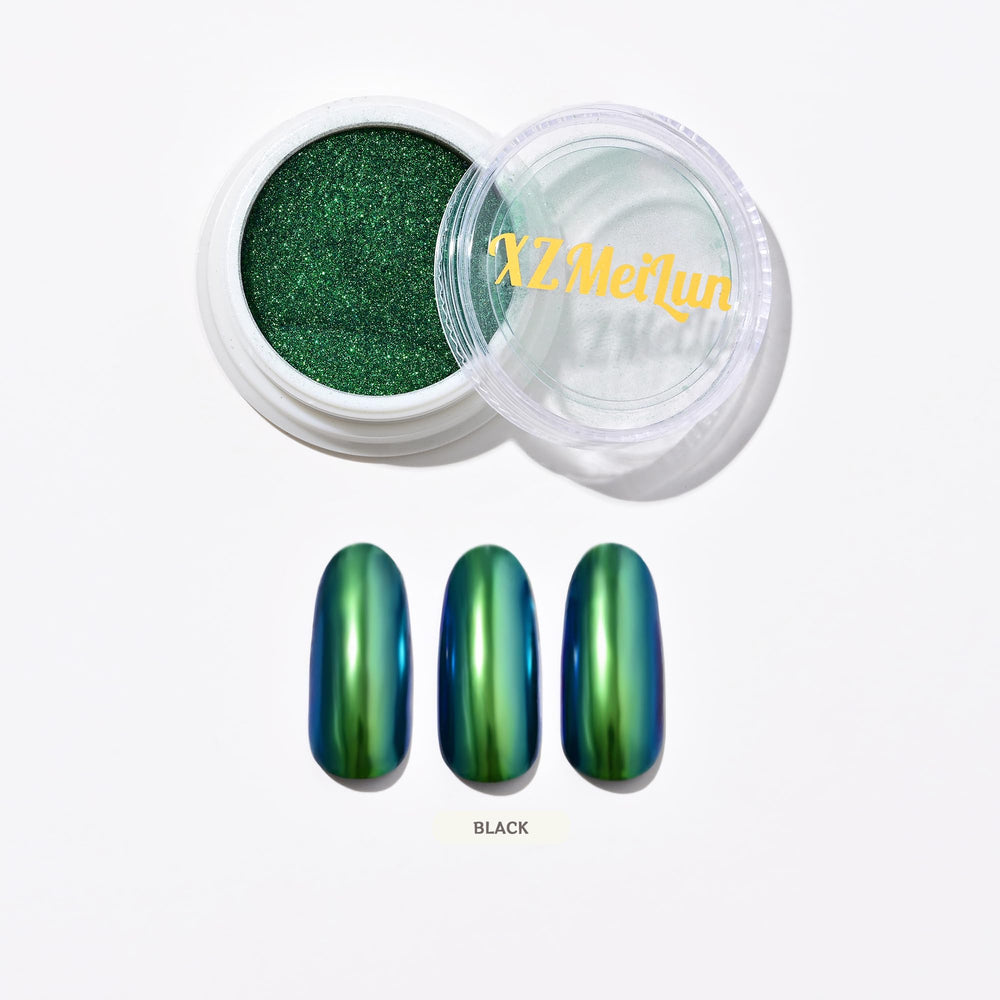 XZMeiLun chameleon chrome powder turns green in light for dynamic nail art.