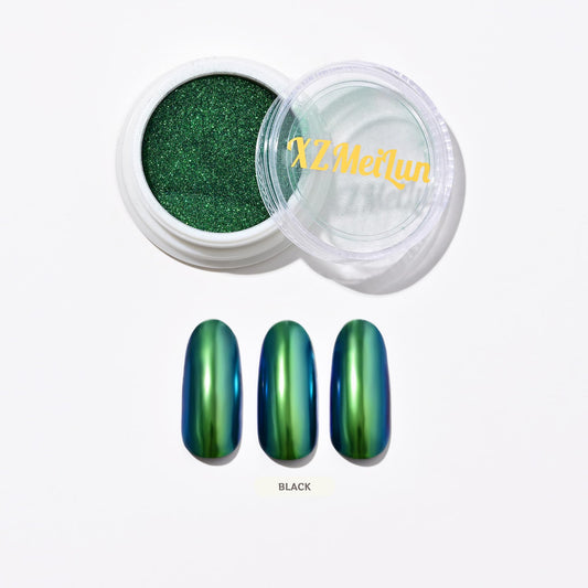 XZMeiLun chameleon chrome powder turns green in light for dynamic nail art.