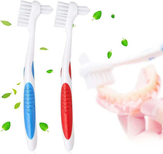 Y-Kelin denture brush with dual-head red and blue bristles