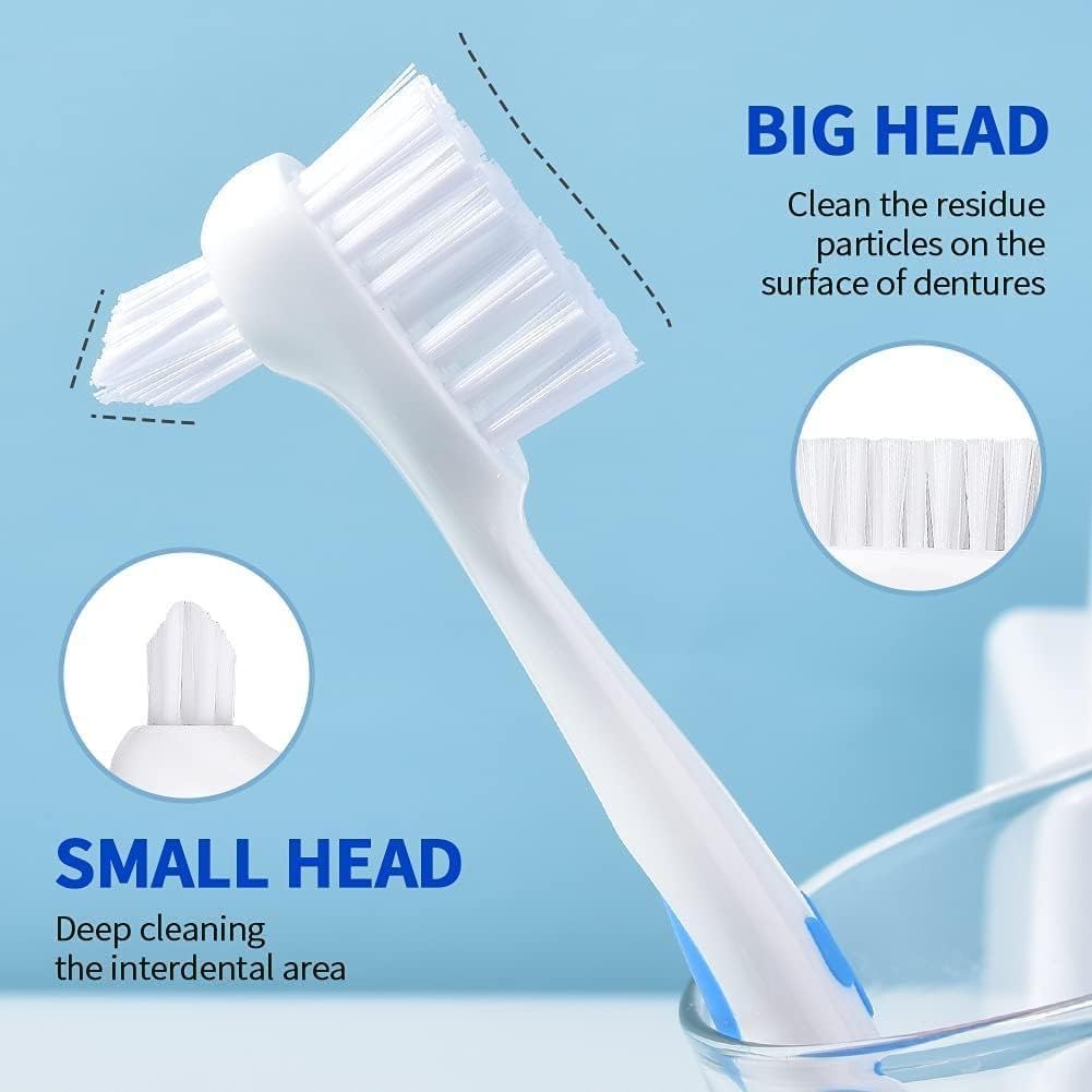 Close-up of dual-head brush design for dentures