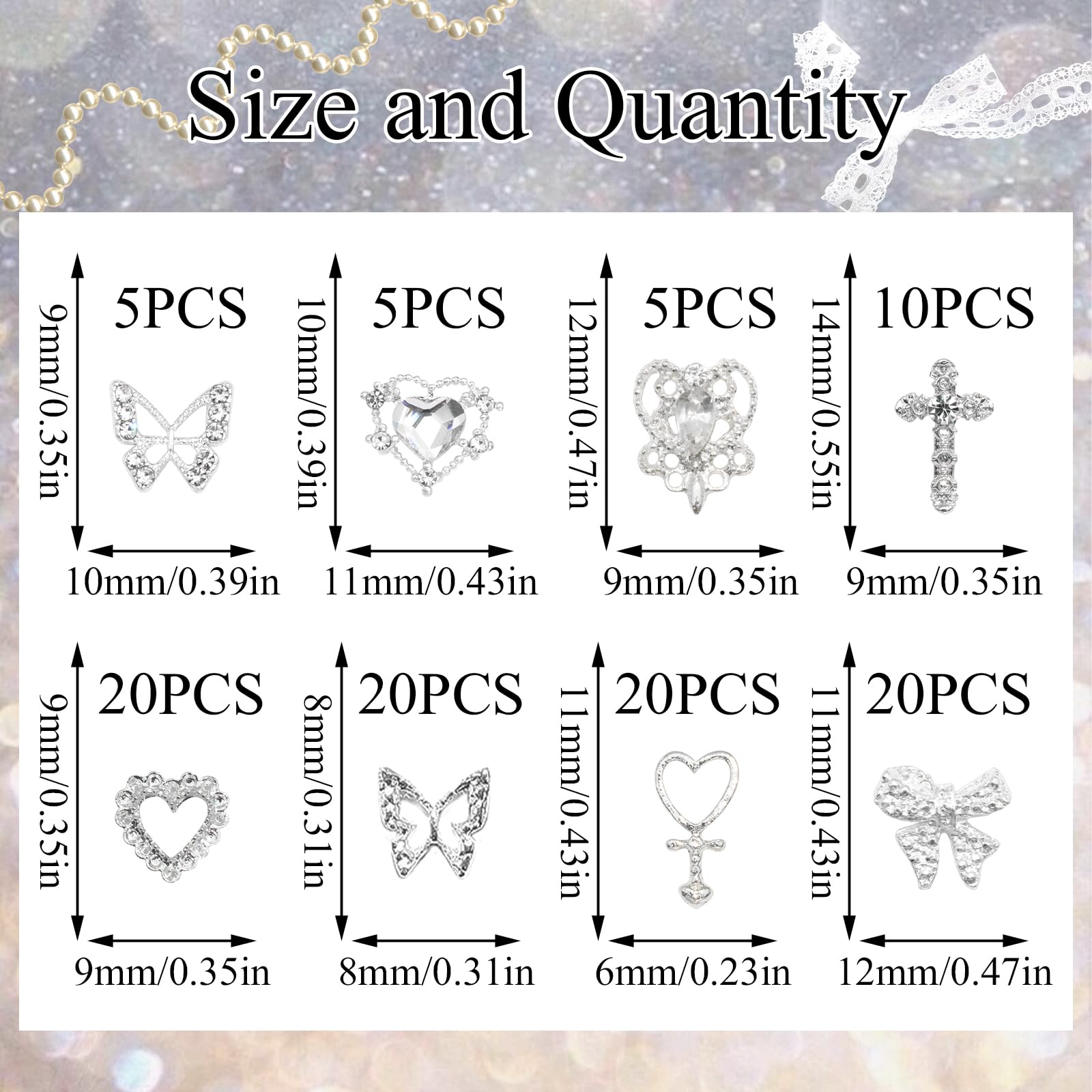 YAEISM 105PCS silver nail charms 3D bow with shiny crystal details