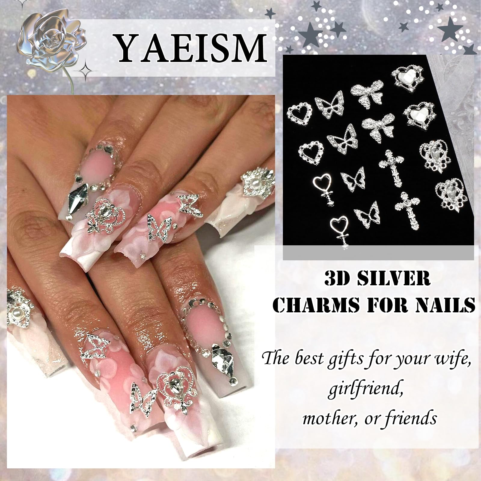 YAEISM 105PCS silver nail charms 3D butterfly for delicate nail accents