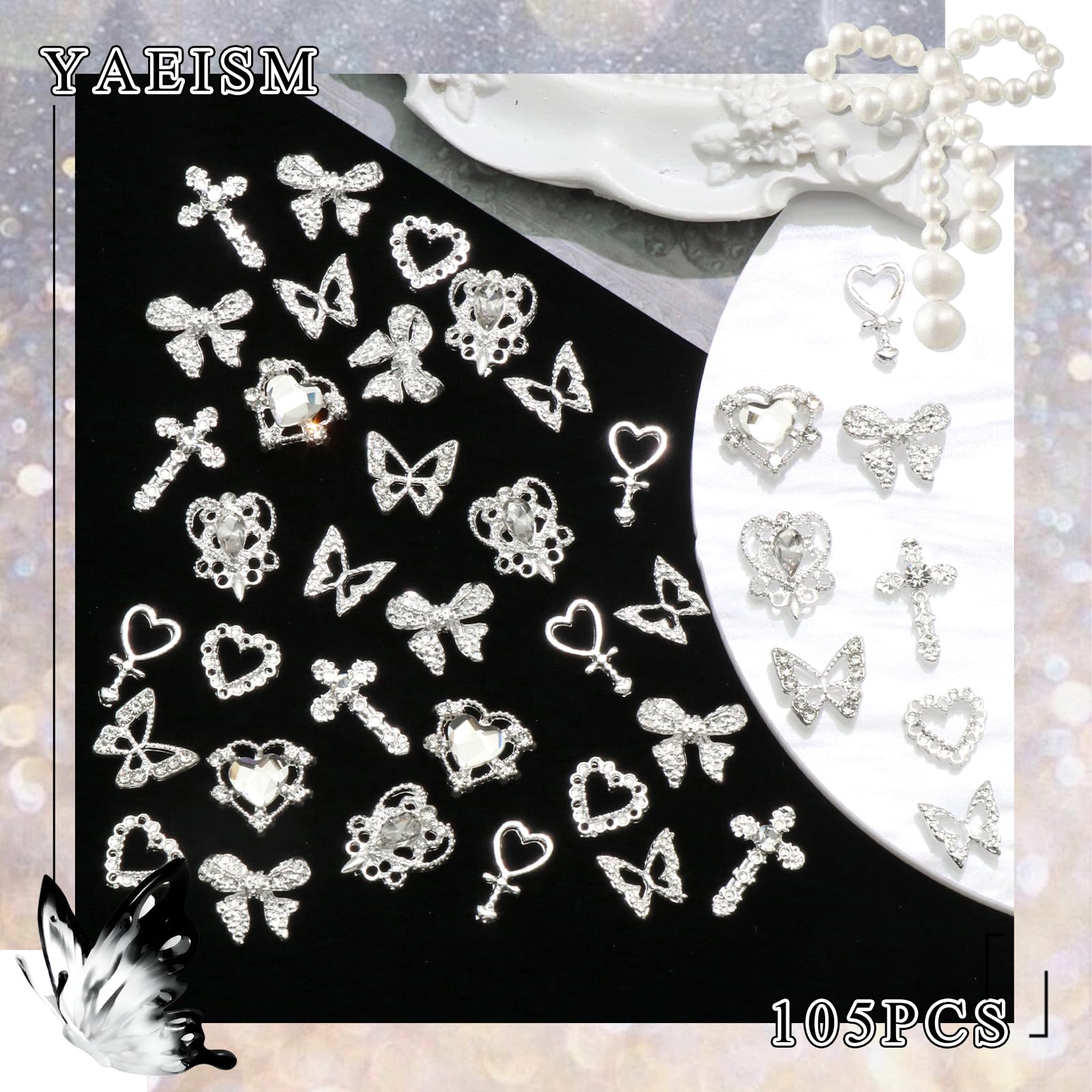 YAEISM 105PCS silver nail charms crystal detail adds light to nails