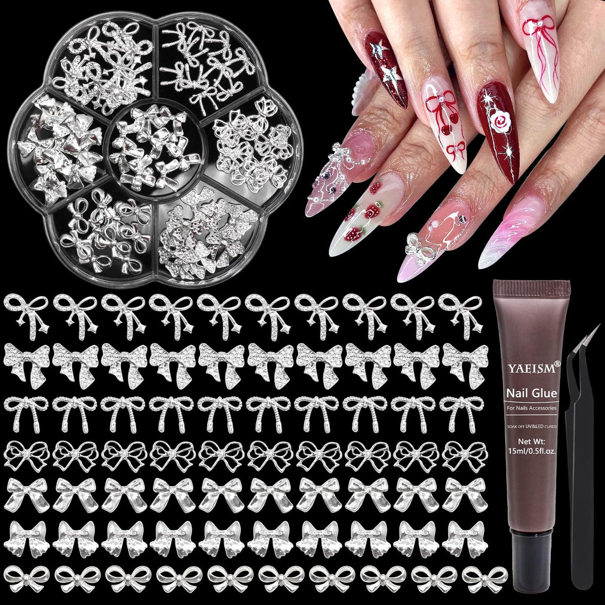 YAEISM bow nail charms add a silver accent for DIY nails.