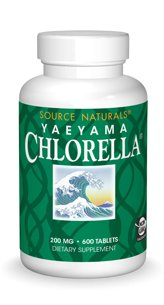Bottle of Source Naturals Yaeyama Chlorella Green Superfood with Plant-Based B12 on label