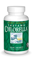 Bottle of Source Naturals Yaeyama Chlorella Green Superfood with Plant-Based B12 on label