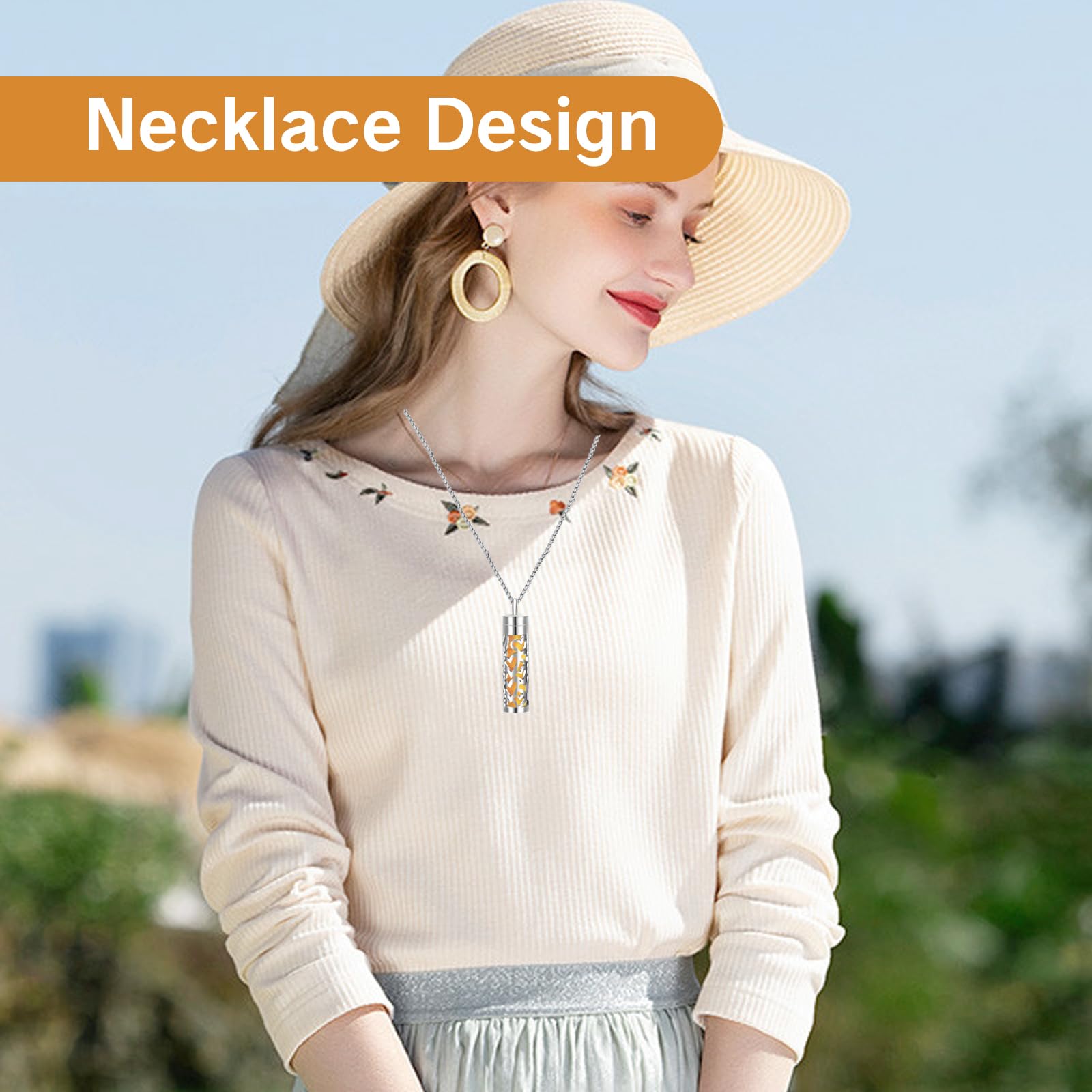 Close-up of diffuser necklace detailing and stainless steel finish