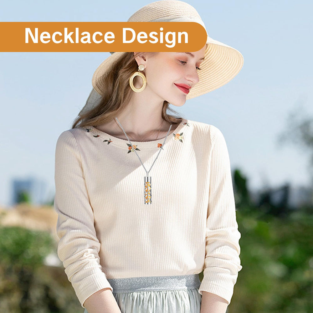 Close-up of diffuser necklace detailing and stainless steel finish
