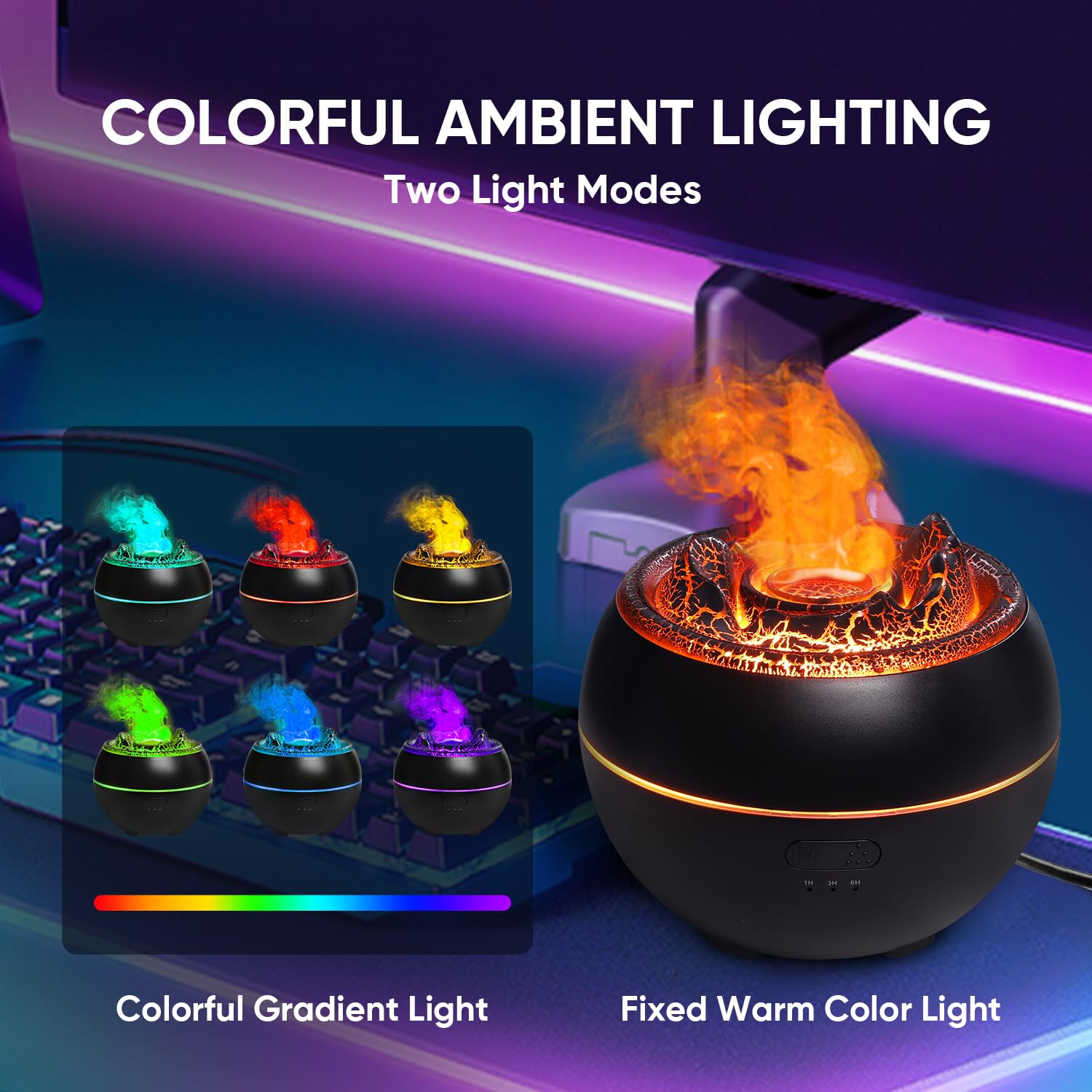 Volcano-shaped diffuser with seven-color ambient lighting