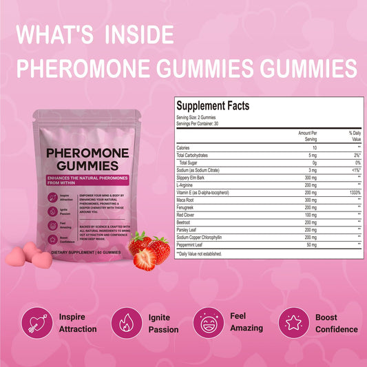Close-up of chewable Yalei Pheromone Gummies in strawberry flavor