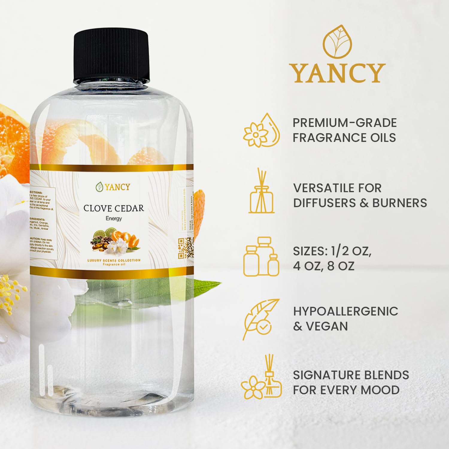 Close-up of YANCY Clove Cedar Fragrance Oil bottle