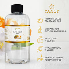 Close-up of YANCY Clove Cedar Fragrance Oil bottle