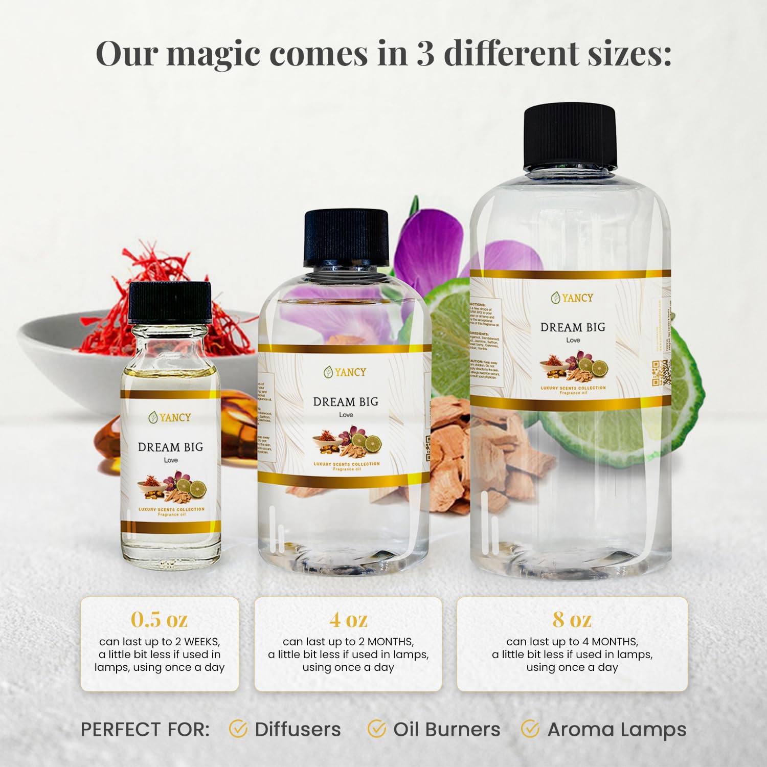 Close-up of Dream Big fragrance oil bottle packaging showing hypoallergenic and paraben-free formula