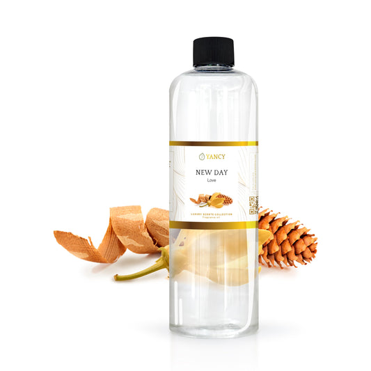YANCY New Day Luxury Fragrance Oil 16 oz bottle with uplifting citrus and floral notes for diffusers, oil burners, and aroma lamps.