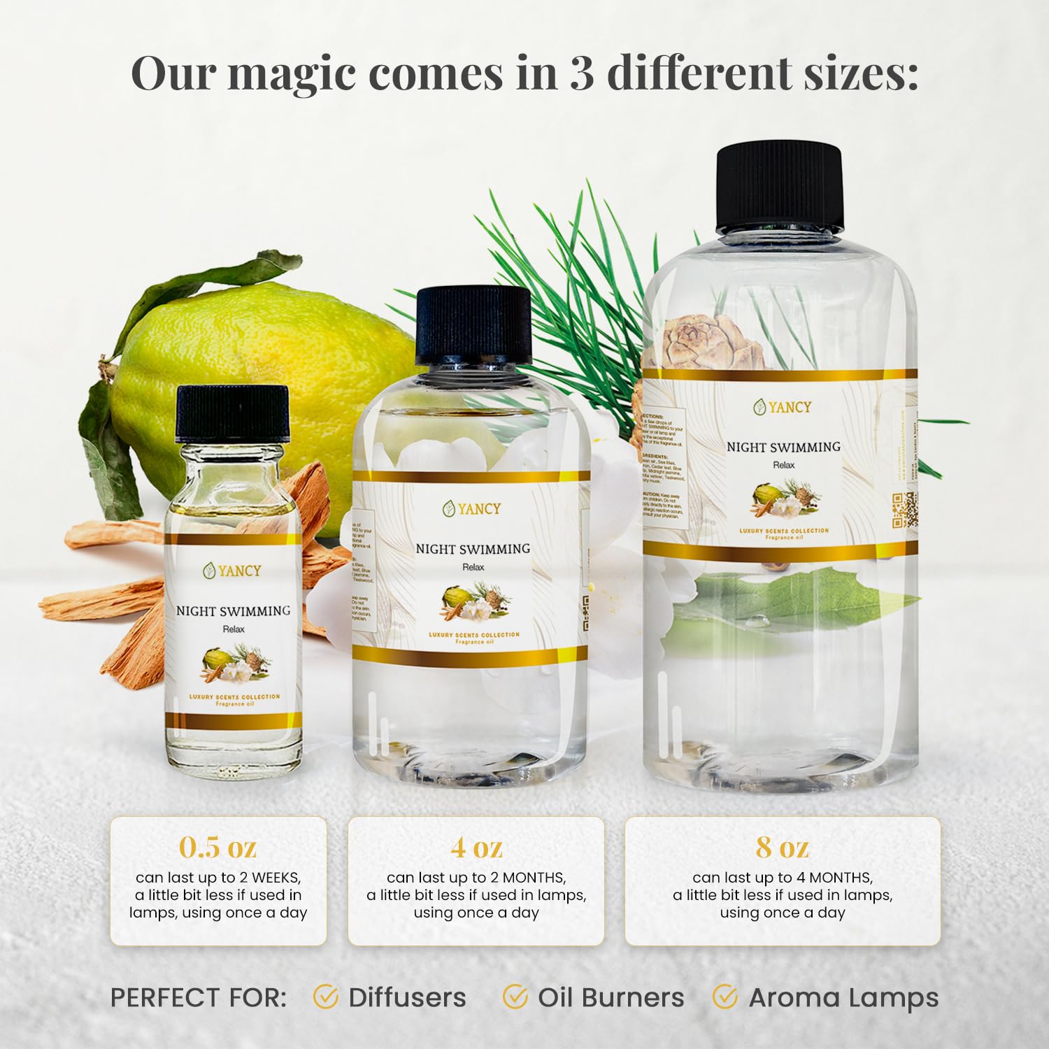 Diffuser setup with Night Swimming fragrance oil in a tranquil nighttime ambiance