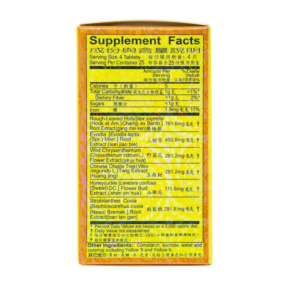 Back label details of Gan Mao Ling bottle