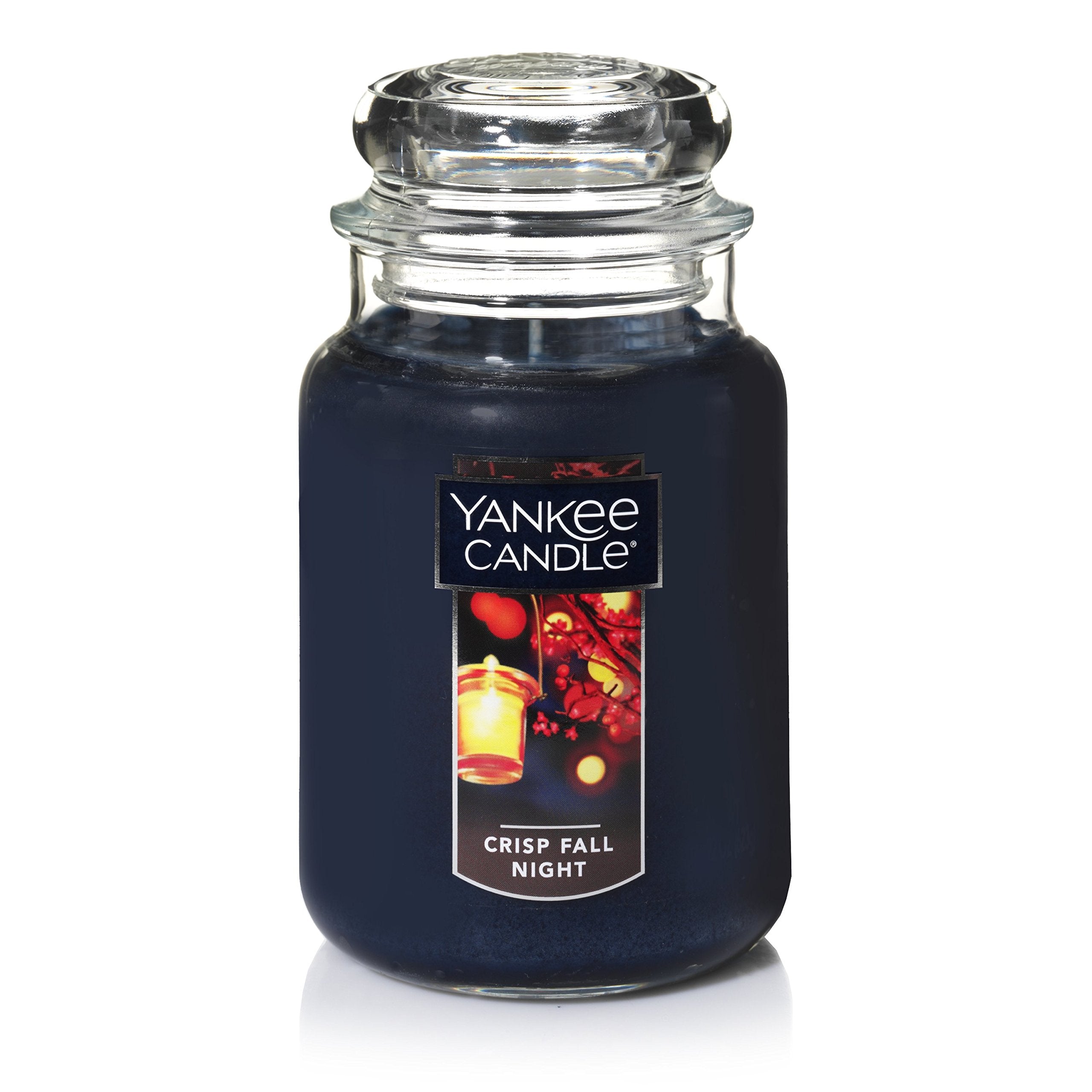 Yankee Candle Crisp Fall Night jar front view enhances cozy autumn ambiance.